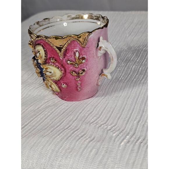 Vintage Ornate Pink & Gold Porcelain Demitasse Cup Hand-Painted Floral Design! - Picture 7 of 10